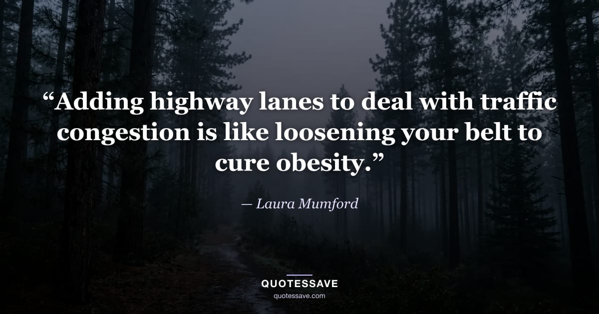 “Adding highway lanes to deal with traffic congestion is like loosening your belt to cure obesity.” — Laura Mumford