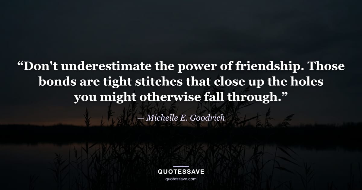 “Don't underestimate the power of friendship. Those bonds are tight stitches that close up the holes you might otherwise fall through.” — Michelle E. Goodrich