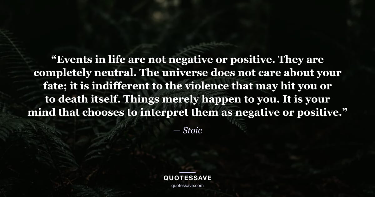 “Events in life are not negative or positive. They are completely neutral. The universe does not care about your fate; it is indifferent to the violence that may hit you or to death itself. Things merely happen to you. It is your mind that chooses to interpret them as negative or positive.” — Stoic