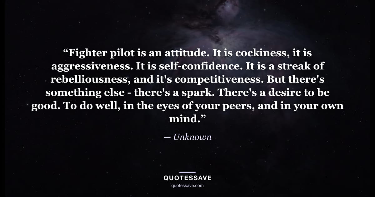 “Fighter pilot is an attitude. It is cockiness, it is aggressiveness. It is self-confidence. It is a streak of rebelliousness, and it's competitiveness. But there's something else - there's a spark. There's a desire to be good. To do well, in the eyes of your peers, and in your own mind.” — Unknown