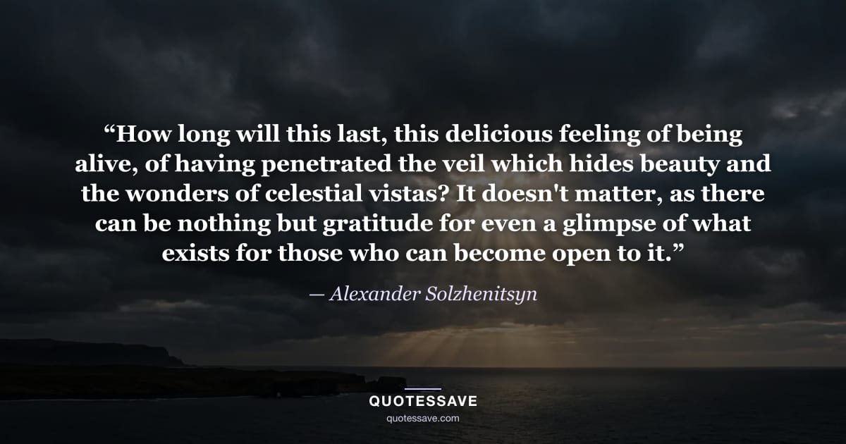 “How long will this last, this delicious feeling of being alive, of having penetrated the veil which hides beauty and the wonders of celestial vistas? It doesn't matter, as there can be nothing but gratitude for even a glimpse of what exists for those who can become open to it.” — Alexander Solzhenitsyn