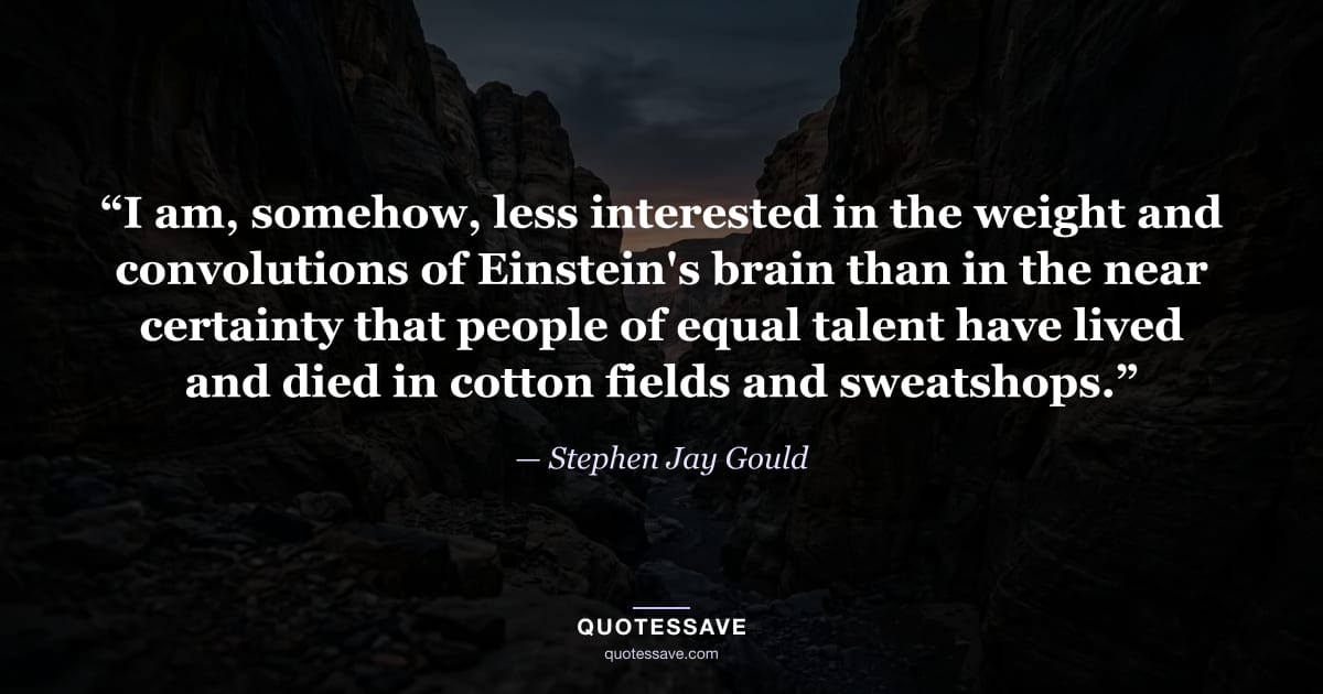 “I am, somehow, less interested in the weight and convolutions of Einstein's brain than in the near certainty that people of equal talent have lived and died in cotton fields and sweatshops.” — Stephen Jay Gould