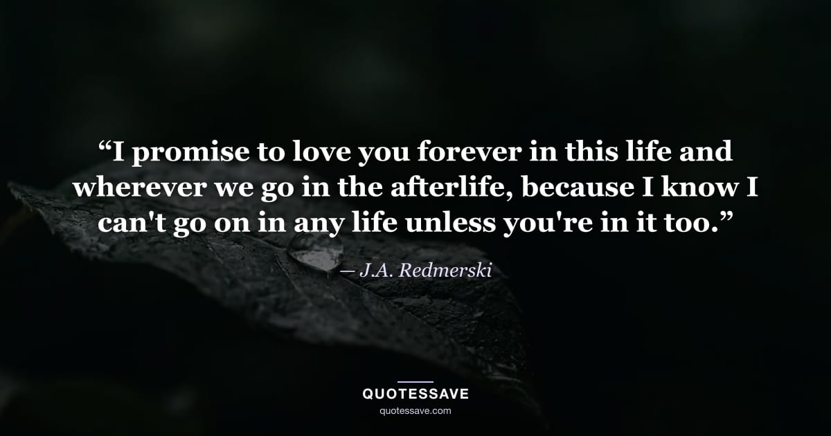 “I promise to love you forever in this life and wherever we go in the afterlife, because I know I can't go on in any life unless you're in it too.” — J.A. Redmerski