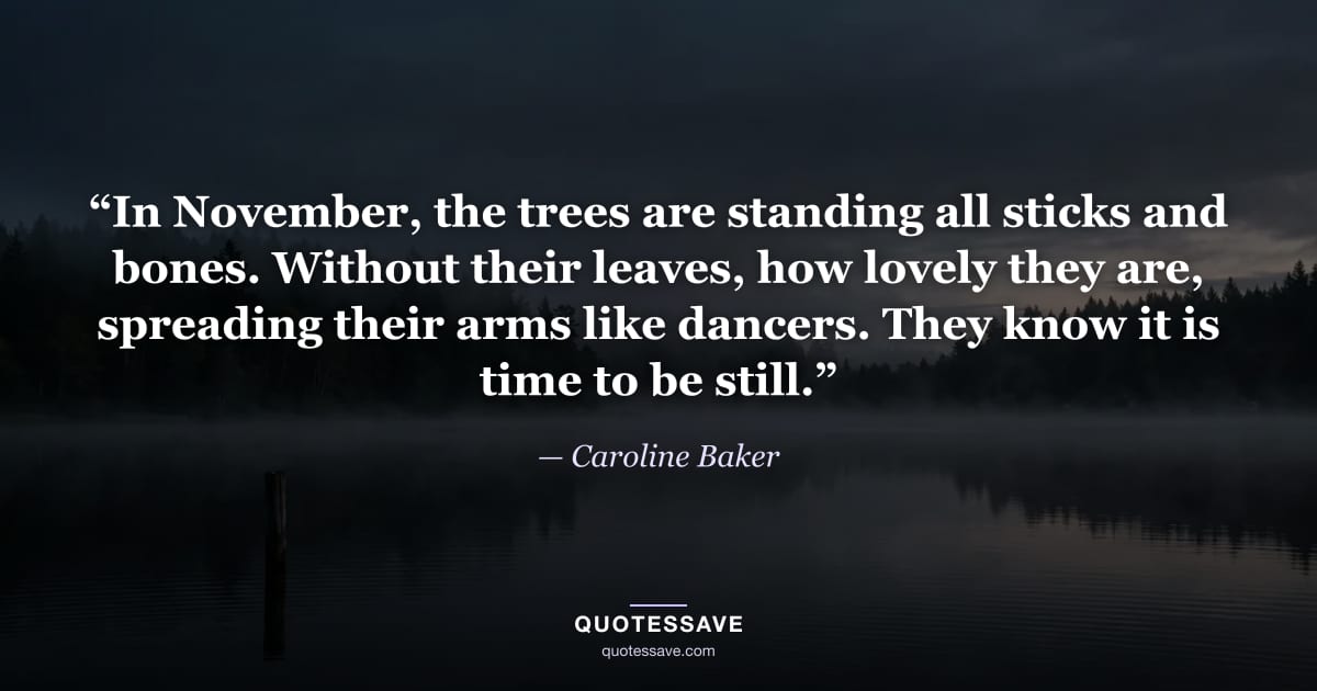 “In November, the trees are standing all sticks and bones. Without their leaves, how lovely they are, spreading their arms like dancers. They know it is time to be still.” — Caroline Baker