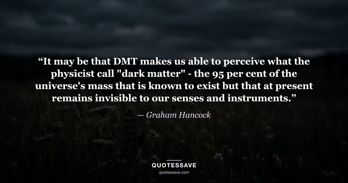 “It may be that DMT makes us able to perceive what the physicist call "dark matter" - the 95 per cent of the universe's mass that is known to exist but that at present remains invisible to our senses and instruments.” — Graham Hancock