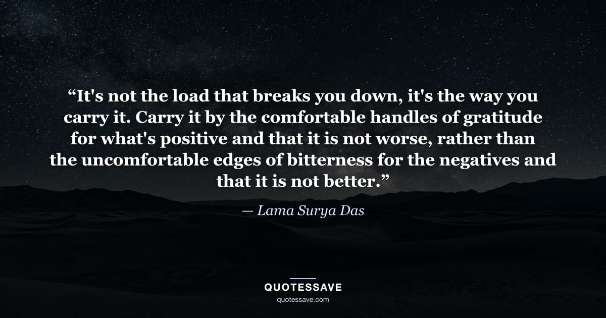 “It's not the load that breaks you down, it's the way you carry it. Carry it by the comfortable handles of gratitude for what's positive and that it is not worse, rather than the uncomfortable edges of bitterness for the negatives and that it is not better.” — Lama Surya Das