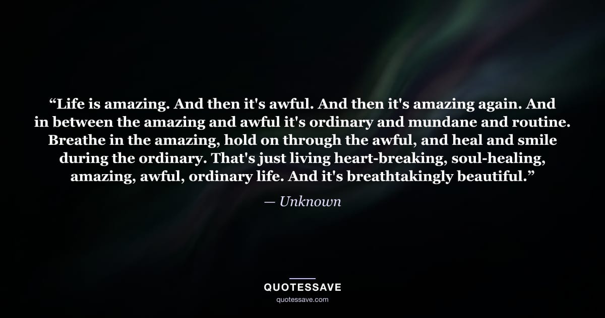 “Life is amazing. And then it's awful. And then it's amazing again. And in between the amazing and awful it's ordinary and mundane and routine. Breathe in the amazing, hold on through the awful, and heal and smile during the ordinary. That's just living heart-breaking, soul-healing, amazing, awful, ordinary life. And it's breathtakingly beautiful.” — Unknown