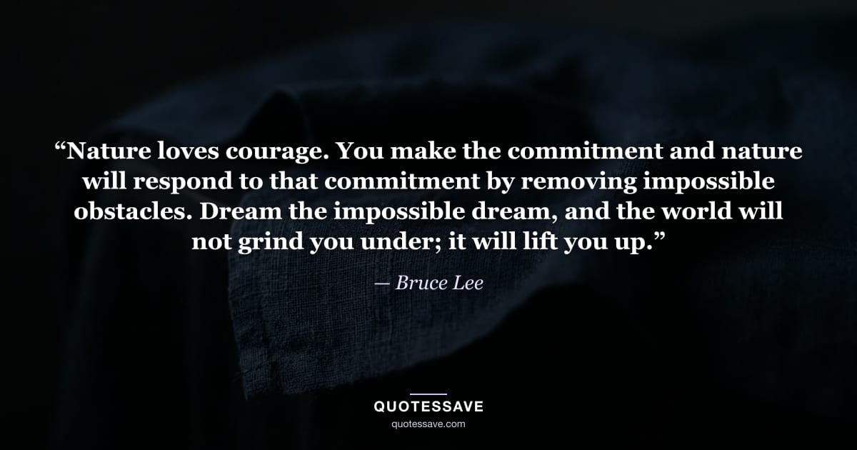 “Nature loves courage. You make the commitment and nature will respond to that commitment by removing impossible obstacles. Dream the impossible dream, and the world will not grind you under; it will lift you up.” — Bruce Lee