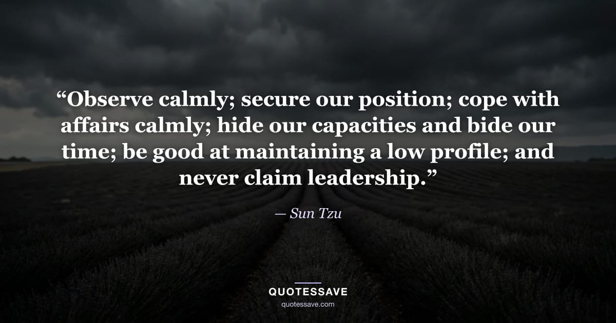 “Observe calmly; secure our position; cope with affairs calmly; hide our capacities and bide our time; be good at maintaining a low profile; and never claim leadership.” — Sun Tzu