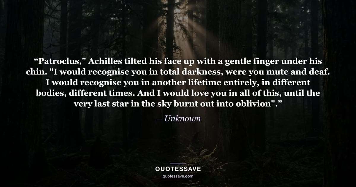 “Patroclus," Achilles tilted his face up with a gentle finger under his chin. "I would recognise you in total darkness, were you mute and deaf. I would recognise you in another lifetime entirely, in different bodies, different times. And I would love you in all of this, until the very last star in the sky burnt out into oblivion".” — Unknown