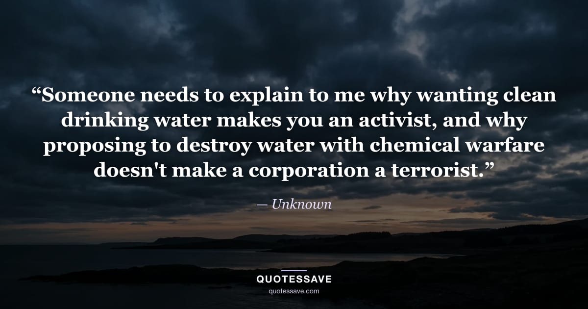 “Someone needs to explain to me why wanting clean drinking water makes you an activist, and why proposing to destroy water with chemical warfare doesn't make a corporation a terrorist.” — Unknown