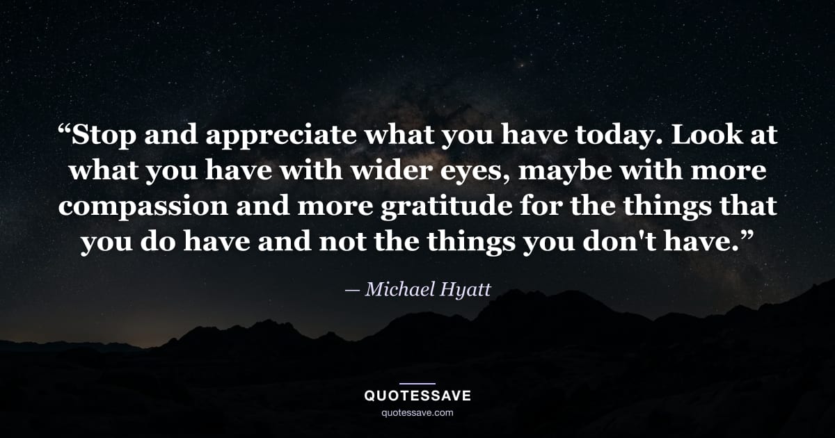 “Stop and appreciate what you have today. Look at what you have with wider eyes, maybe with more compassion and more gratitude for the things that you do have and not the things you don't have.” — Michael Hyatt