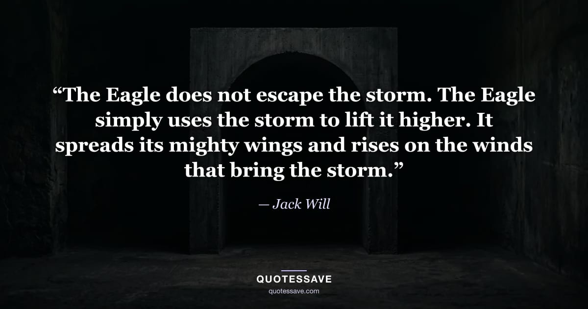 “The Eagle does not escape the storm. The Eagle simply uses the storm to lift it higher. It spreads its mighty wings and rises on the winds that bring the storm.” — Jack Will