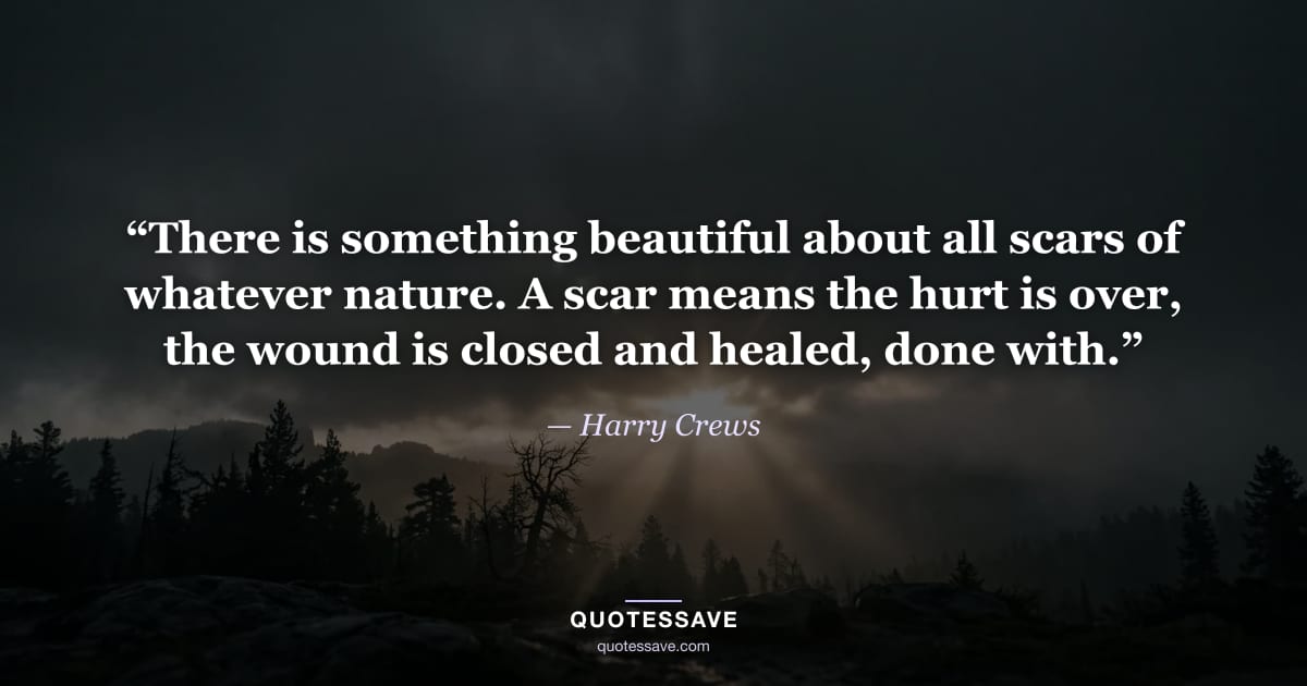 “There is something beautiful about all scars of whatever nature. A scar means the hurt is over, the wound is closed and healed, done with.” — Harry Crews