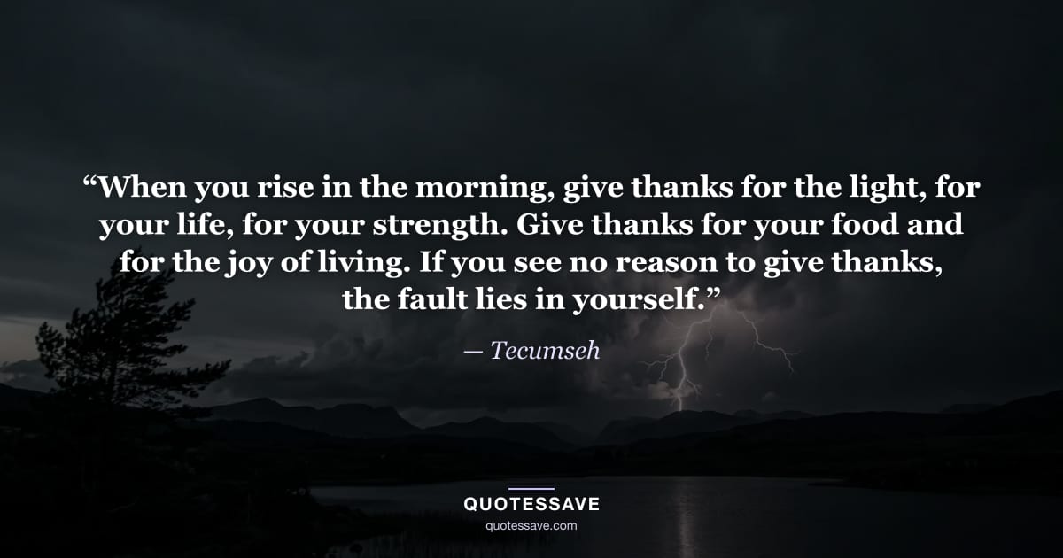 “When you rise in the morning, give thanks for the light, for your life, for your strength. Give thanks for your food and for the joy of living. If you see no reason to give thanks, the fault lies in yourself.” — Tecumseh