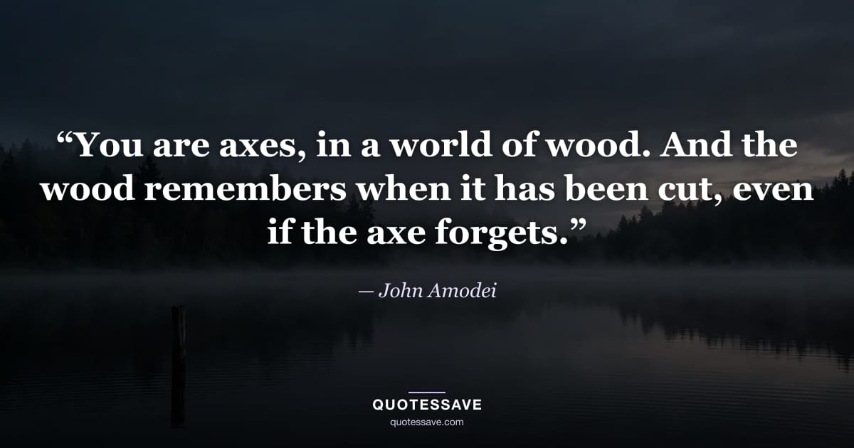 “You are axes, in a world of wood. And the wood remembers when it has been cut, even if the axe forgets.” — John Amodei